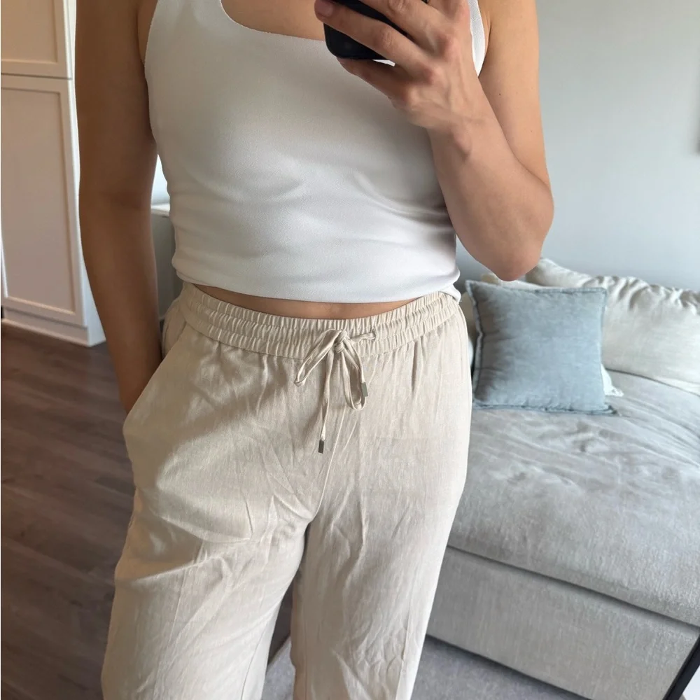 Zara Cream Wide-Leg Linen-Blend Drawstring Pants